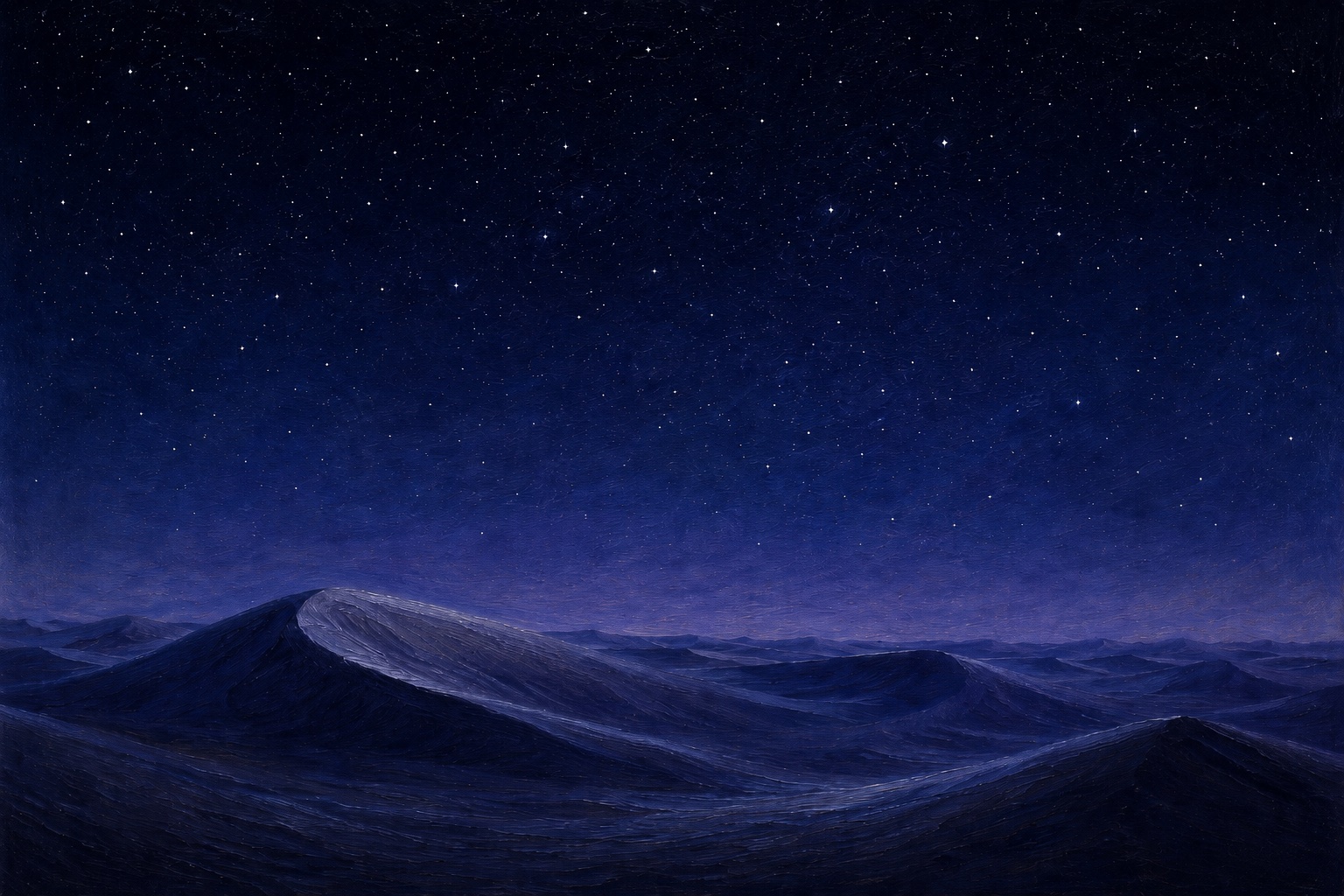 Painted desert landscape at night, with dunes receding into a star-filled sky.