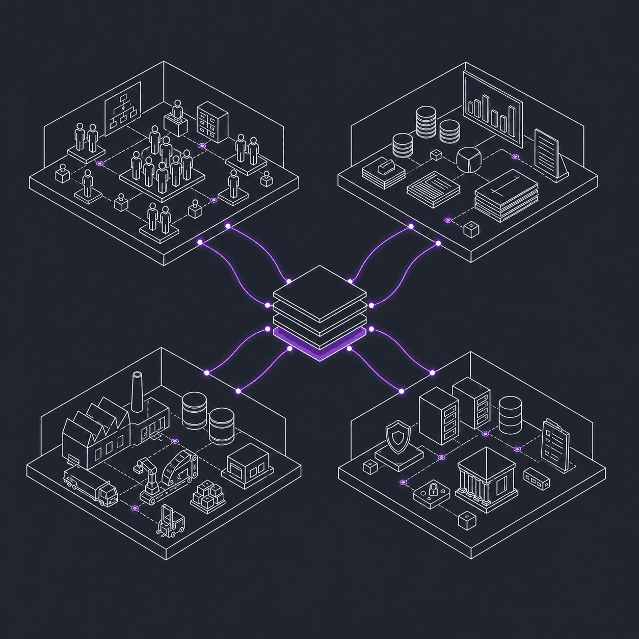 Cross-system intelligence: an isometric illustration showing four institutional system silos with violet connection lines emanating from a central Mantle structure to each silo.