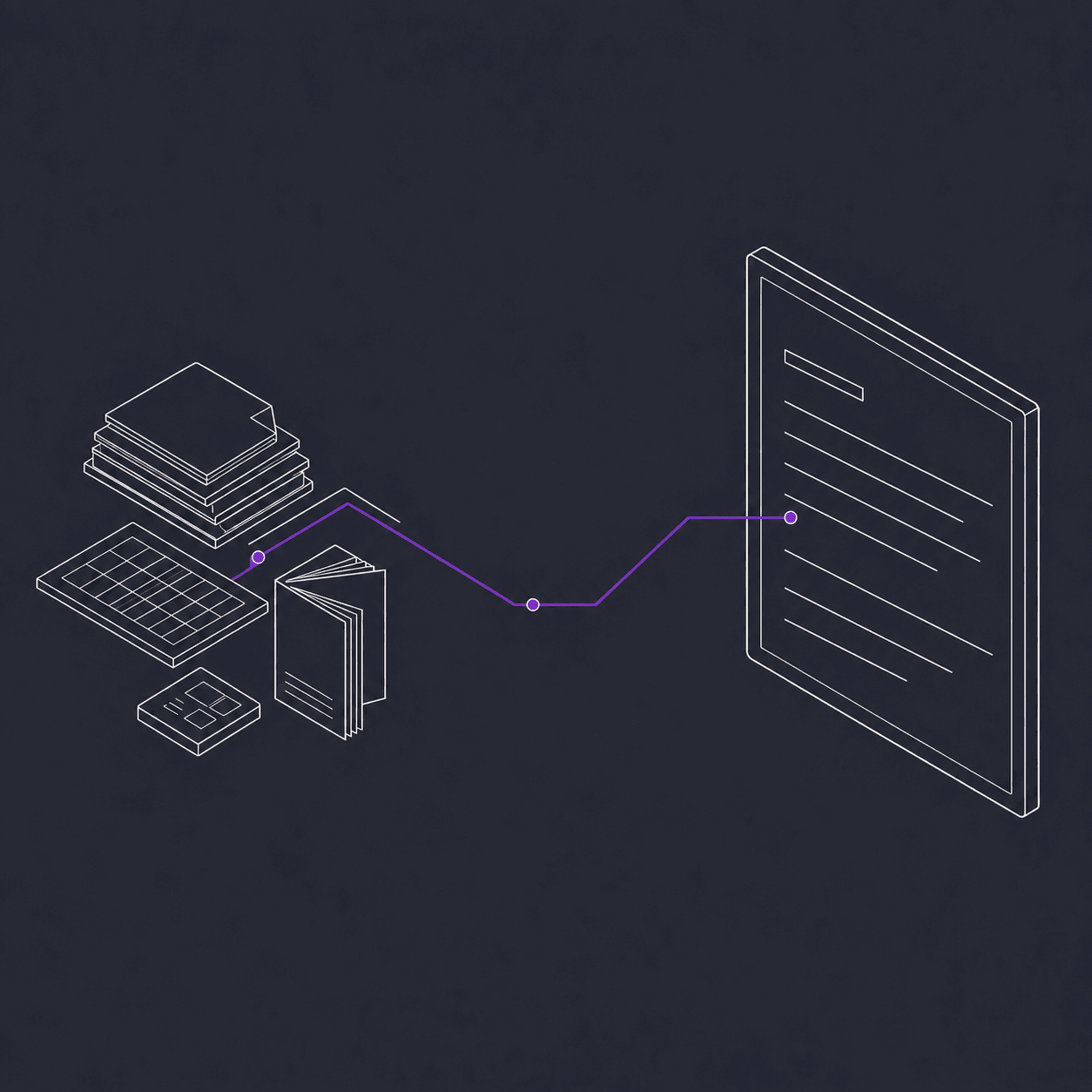 Diagnostic precision: an isometric illustration of a finding traced back through layered artefacts to a single highlighted source row.