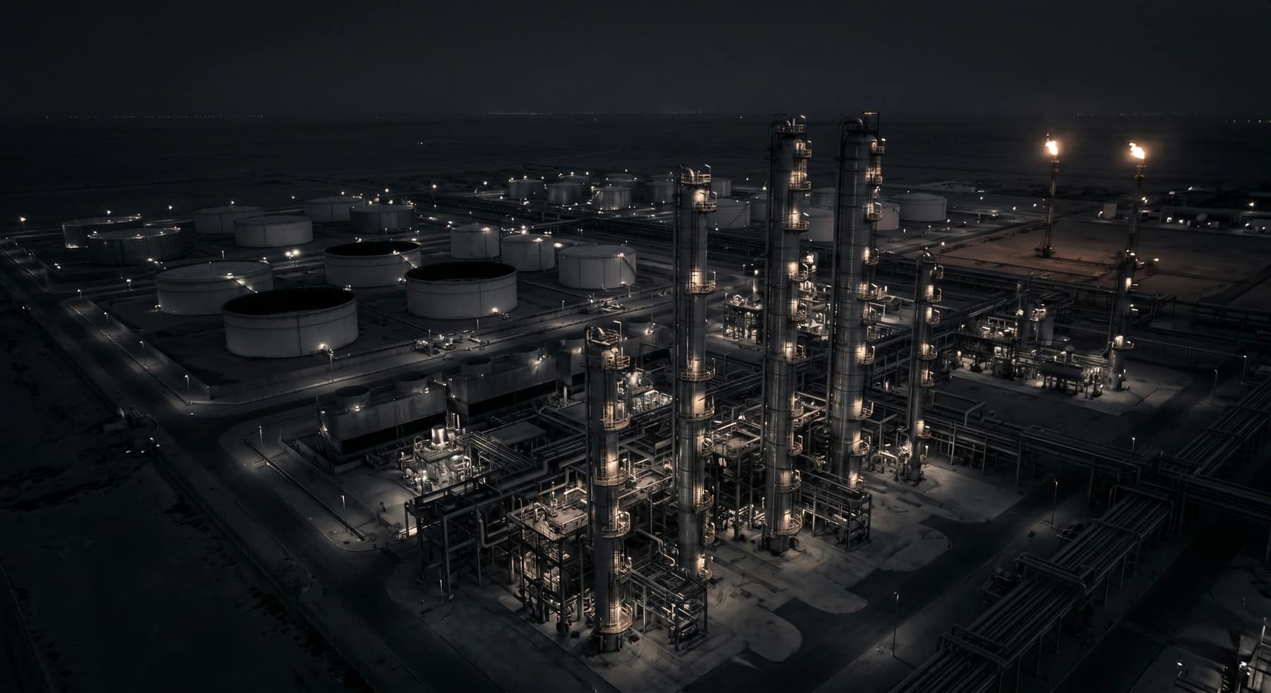 Refinery at night, aerial.