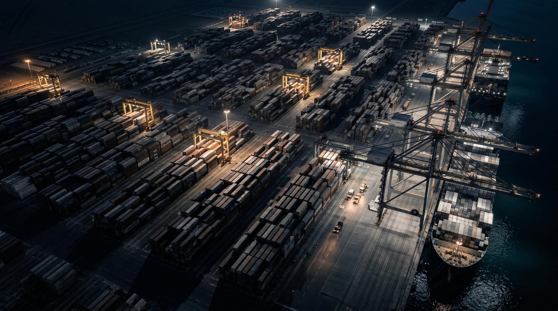 Container port at night, aerial.