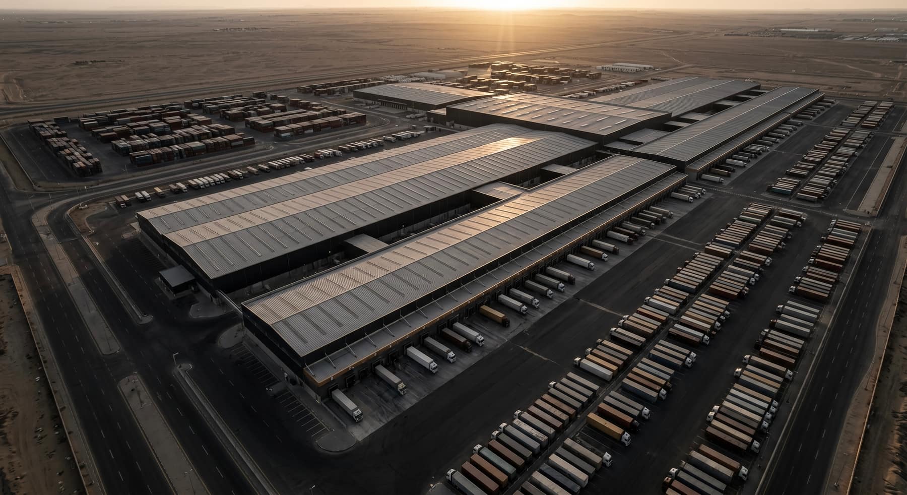 Distribution centre at sunset, aerial.